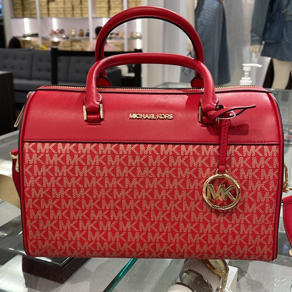 Michael Kors MK Jet Set Travel Medium Duffle Bag Satchel Bright Red MK Signature - Picture 3 of 16